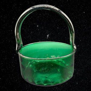 Art Glass Emerald Green Centerpiece Handled Basket Hand Blown 6”T 5”W